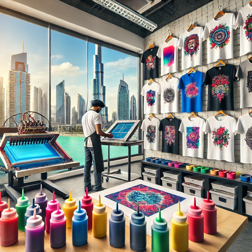DALL·E 2024 09 23 13.02.13 A vibrant workshop in Dubai specializing in screen printing with a professional at work on a t shirt design. Bright colors of ink containers are arra